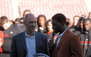 Freddie Scott speaking at stadium event