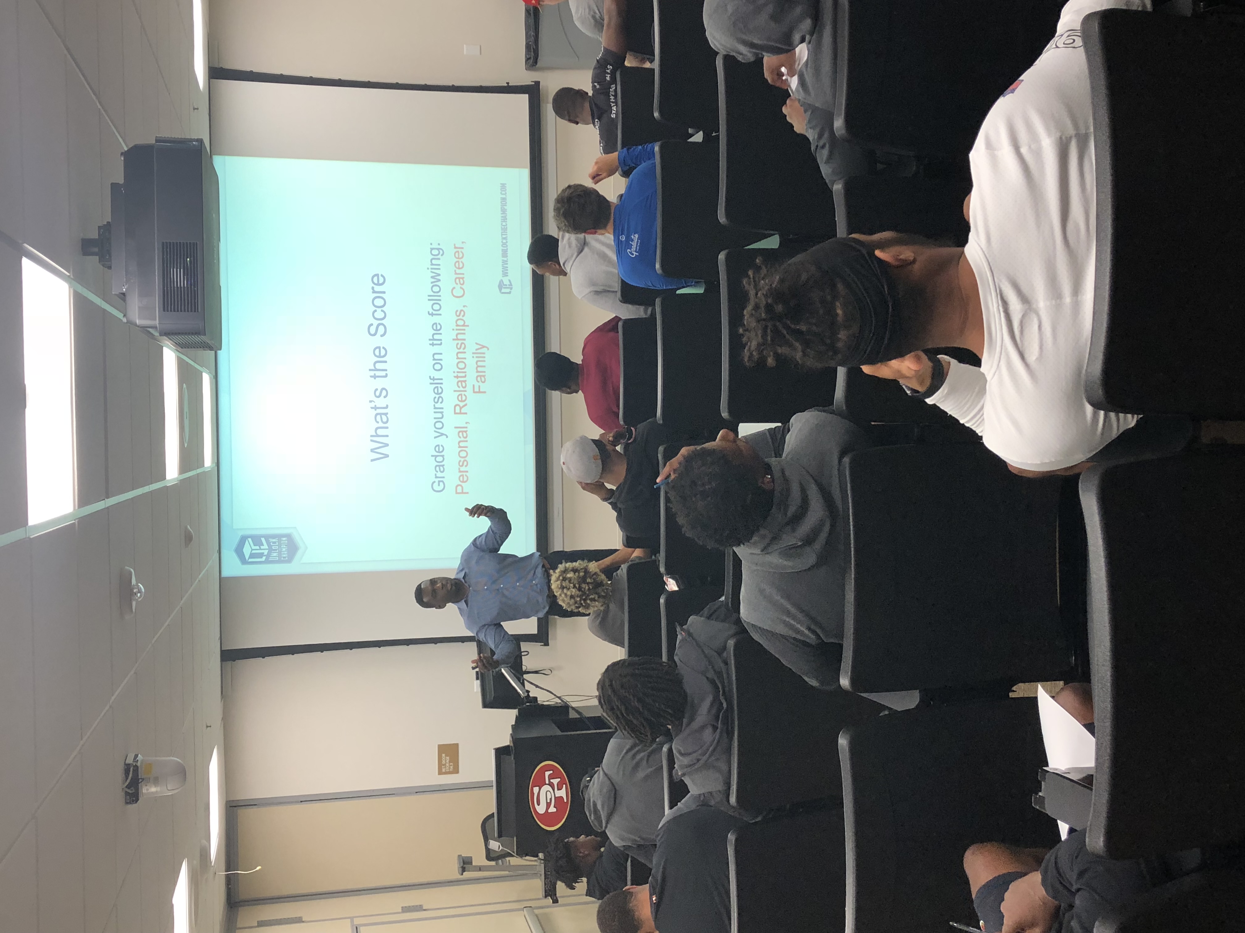 The UTC Capacity scoring framework on the screen during a Freddie Scott session inside the San Francisco 49ers facility, 2019